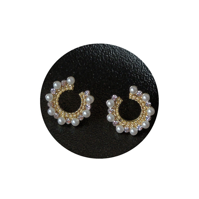 A廠 日韓款 C型幾何鑲珍珠電鍍14K銀針耳環 批發 折扣@洽客服 25.10.W5「1397」