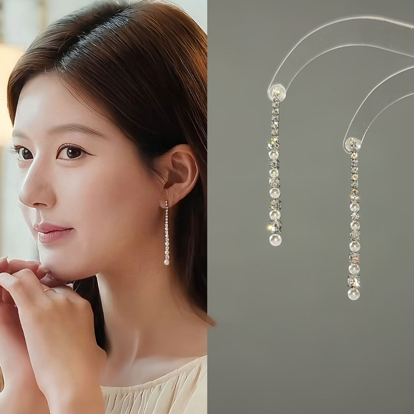A2廠 韓國韓版超閃鋯石長珍珠流蘇銀針耳環 批發 折扣@洽客服 25.11.W1「HE24410」