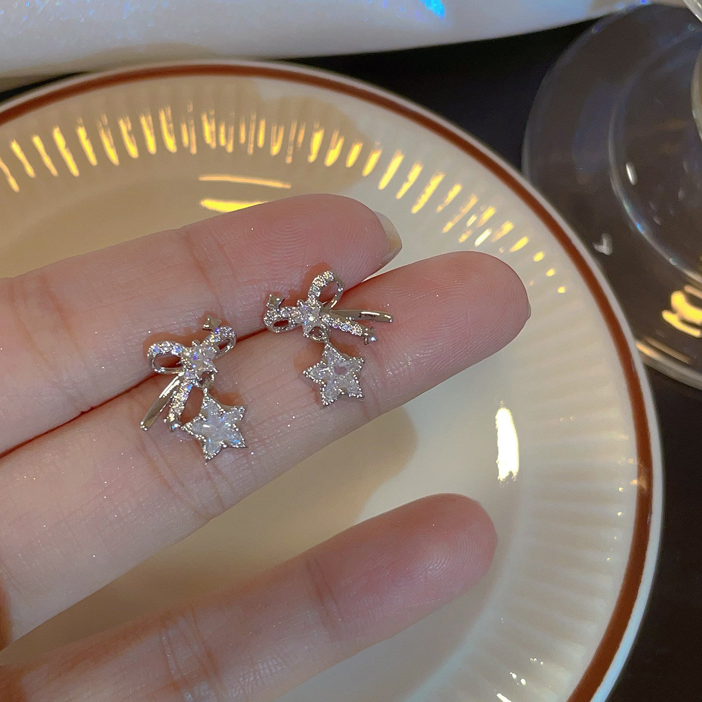 A2廠 鈦鋼|韓系鋯石蝴蝶結星星銀針耳環 批發 折扣@洽客服 26.02.W1「HE30441」