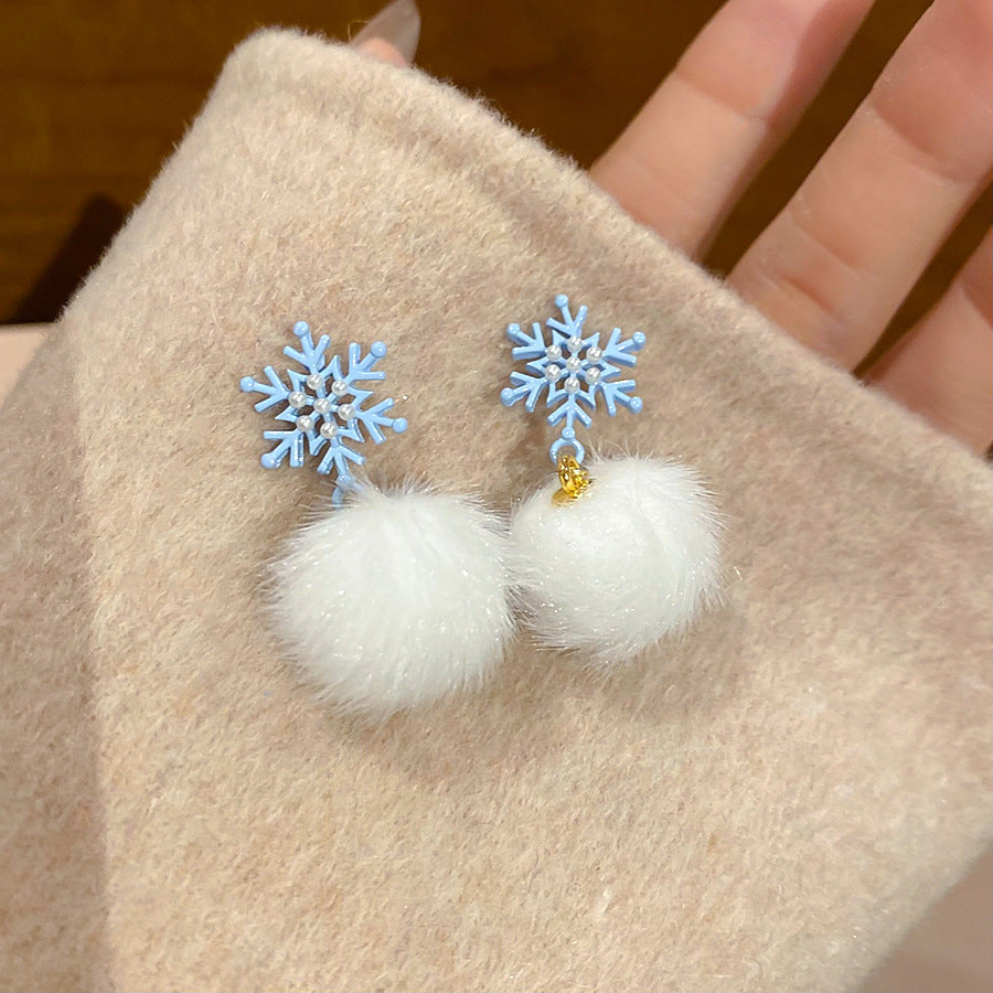 A2廠 韓國韓版聖誕雪花毛球銀針耳環 批發 折扣@洽客服 25.12.W1「HE29437」