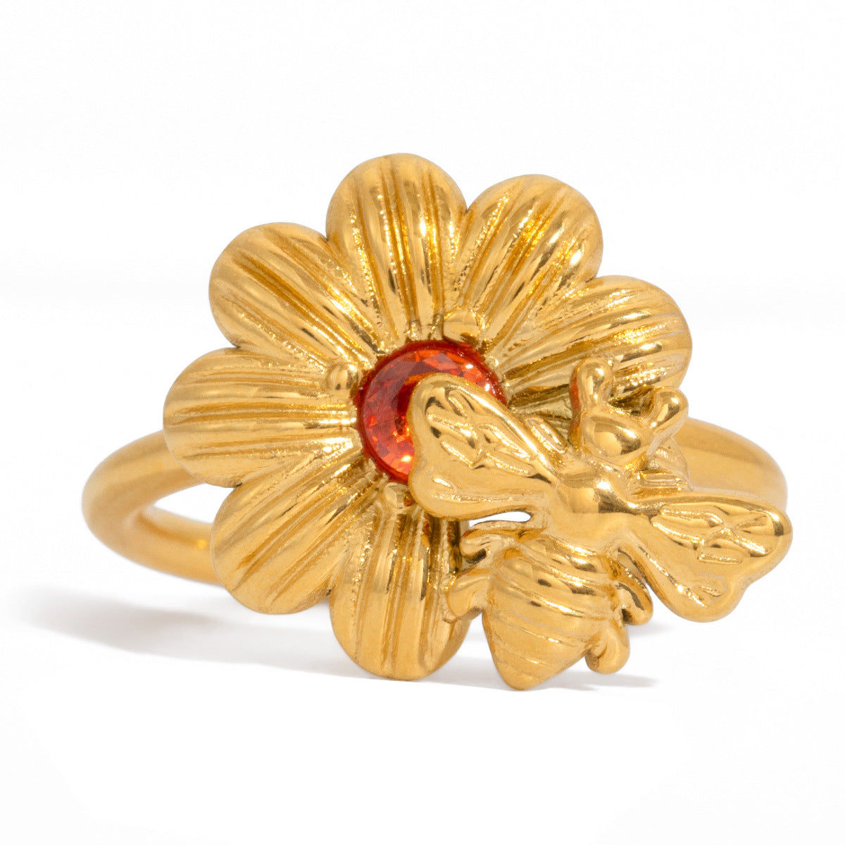 B廠 鈦鋼鍍18K金|歐美橘色鋯石蜜蜂小雛菊戒指 批發 折扣@洽客服 26.01.W4「JDR0211102-7」