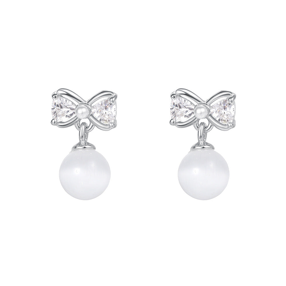 C廠 韓國韓版白貓眼石蝴蝶結S999純銀耳環 批發 折扣@洽客服 25.11.W3「E5787」