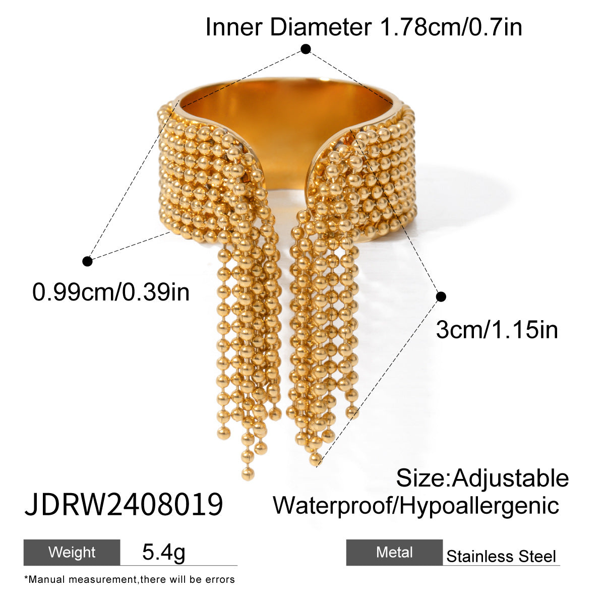 B廠 歐美款歐美串珠流蘇鈦鋼鍍18K金戒指「JDRW2408019」24.10.W3 批發折扣@洽客服