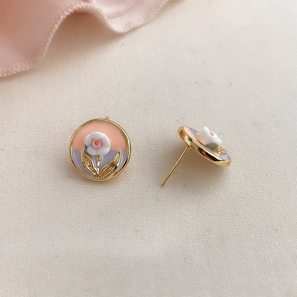 A廠 日韓款 莫內花園復古撞色花朵銀針耳環 批發 折扣@洽客服 25.08.W5「4691」