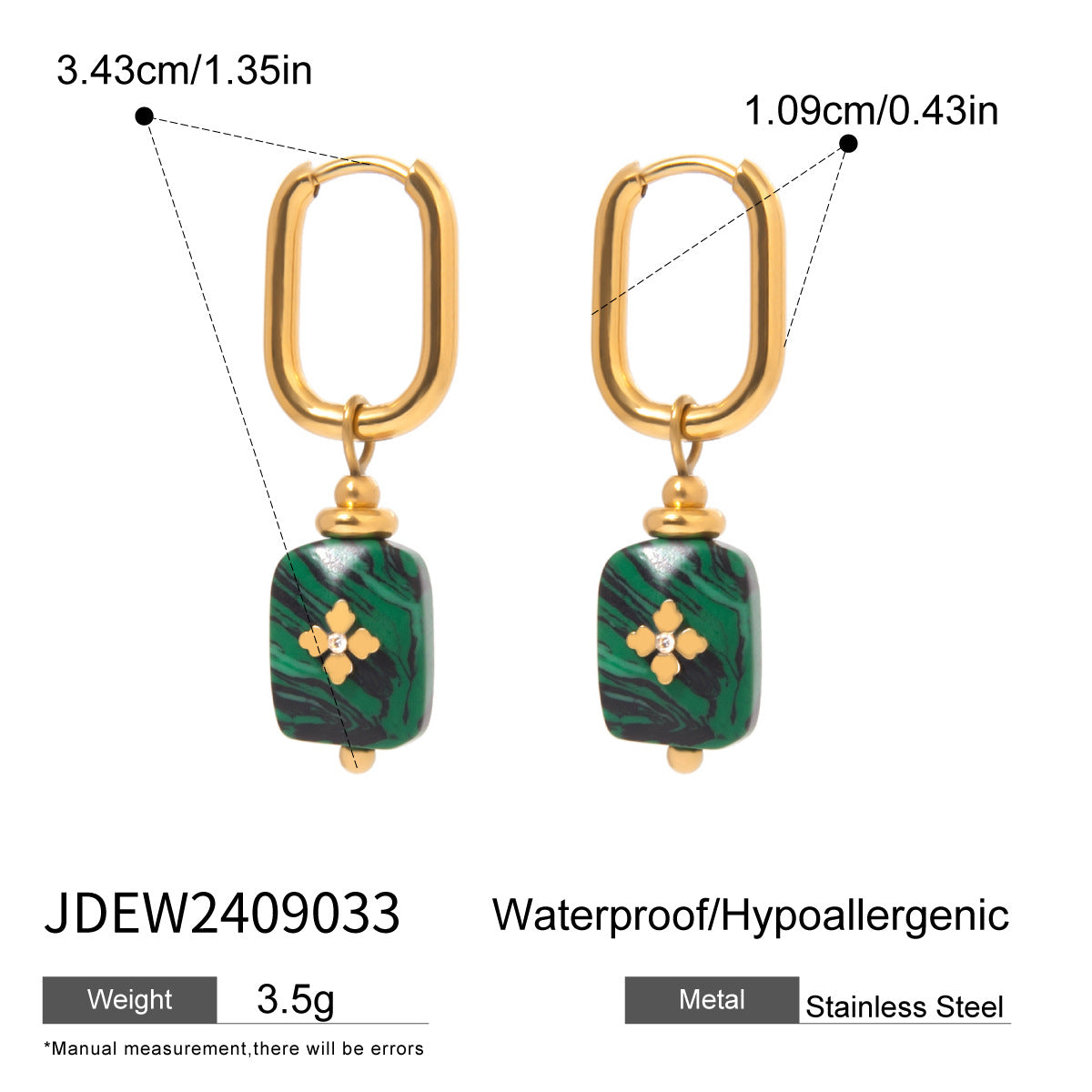 B廠 歐美款 WINNIE 孔雀石鈦鋼鍍18K金耳環&項鍊「JDBW2409007+JDEW2409033」24.12.W1 批發折扣@洽客服