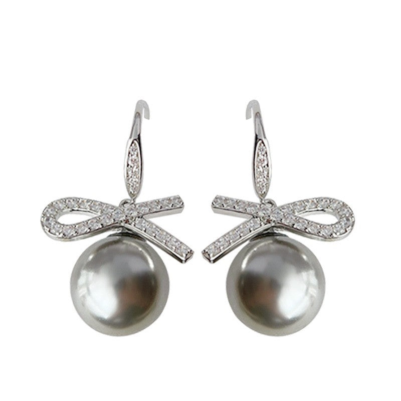 A廠 銅鍍白K|日韓款輕奢鋯石蝴蝶結灰珍珠銀針耳環 批發 折扣@洽客服 26.02.W3「3969」