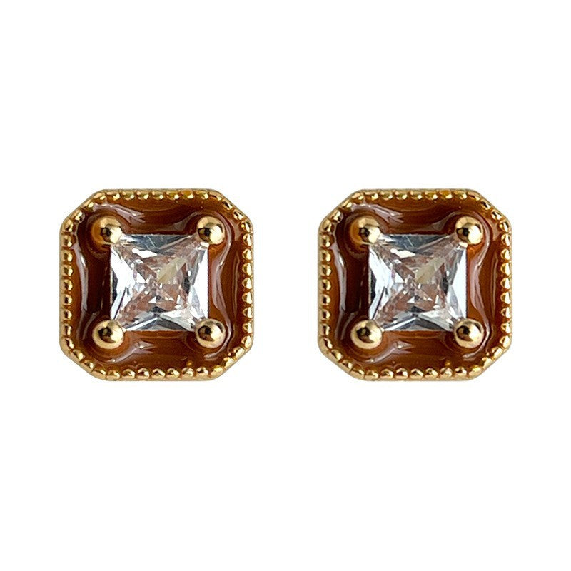 A廠 銅鍍金|日韓款棕色滴釉方糖鋯石銀針耳環 批發 折扣@洽客服 26.02.W3「7112」