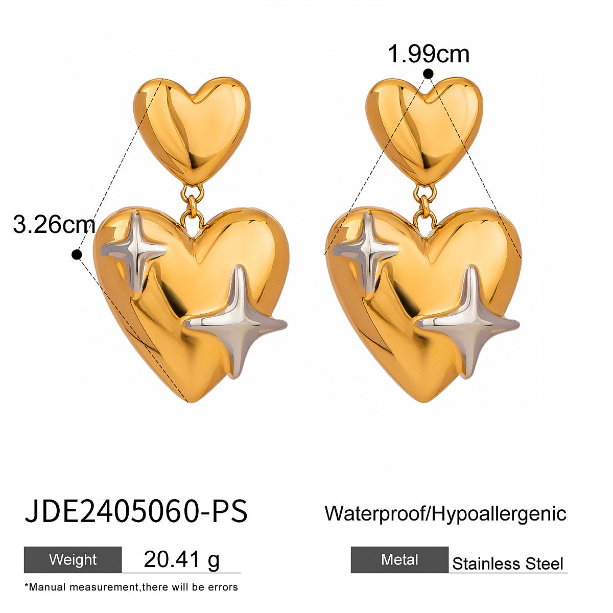 B廠 歐美款 拼色雙層愛心鈦鋼鍍18K金耳環「JDE2405060-PS」24.12.W2 批發折扣@洽客服