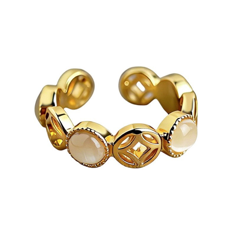 A廠 銅鍍18K金 |日韓款鏤空錢幣玻璃貓眼石戒指「7241」