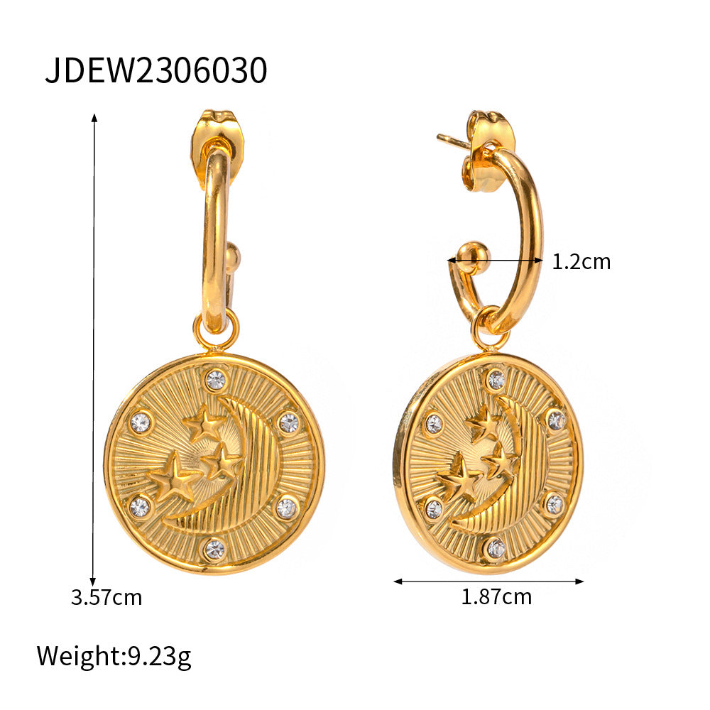 B廠 歐美款月亮星星浮雕鈦鋼鍍18K金耳環「JDEW2306030」24.10.W3 批發折扣@洽客服