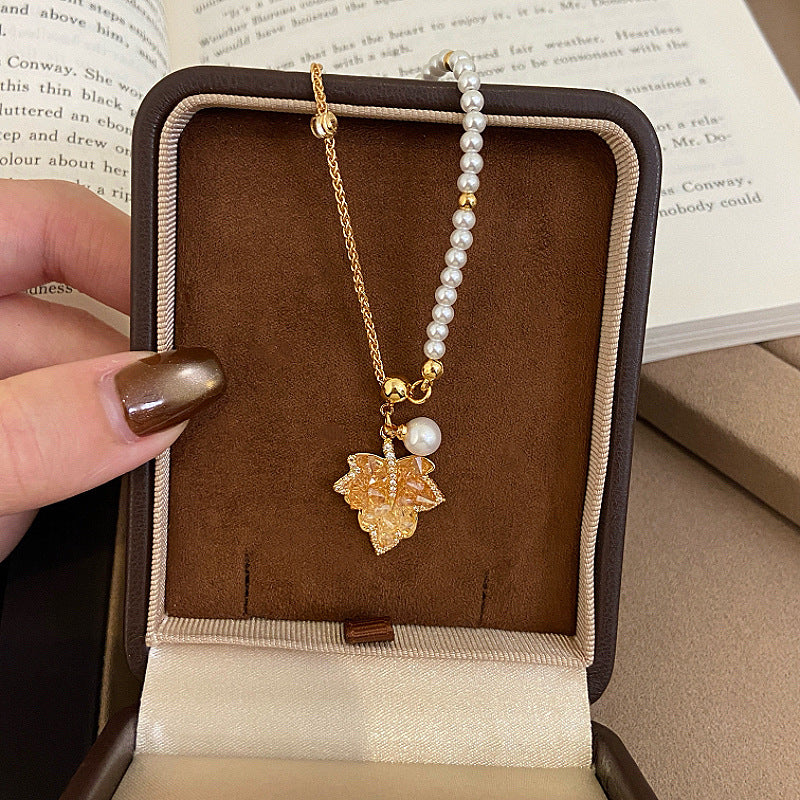 A2廠 韓國韓版鋯石楓葉珍珠串珠電鍍18K真金項鍊 批發 折扣@洽客服 25.11.W2「WN1854」