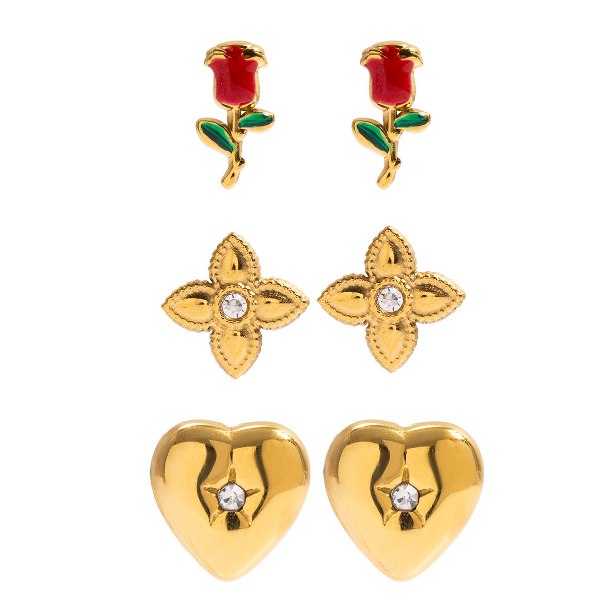 B廠 歐美款 ROSY 玫瑰花鈦鋼鍍18K金耳環-3對1組 批發 折扣@洽客服 25.12.W1「JDE0208024」