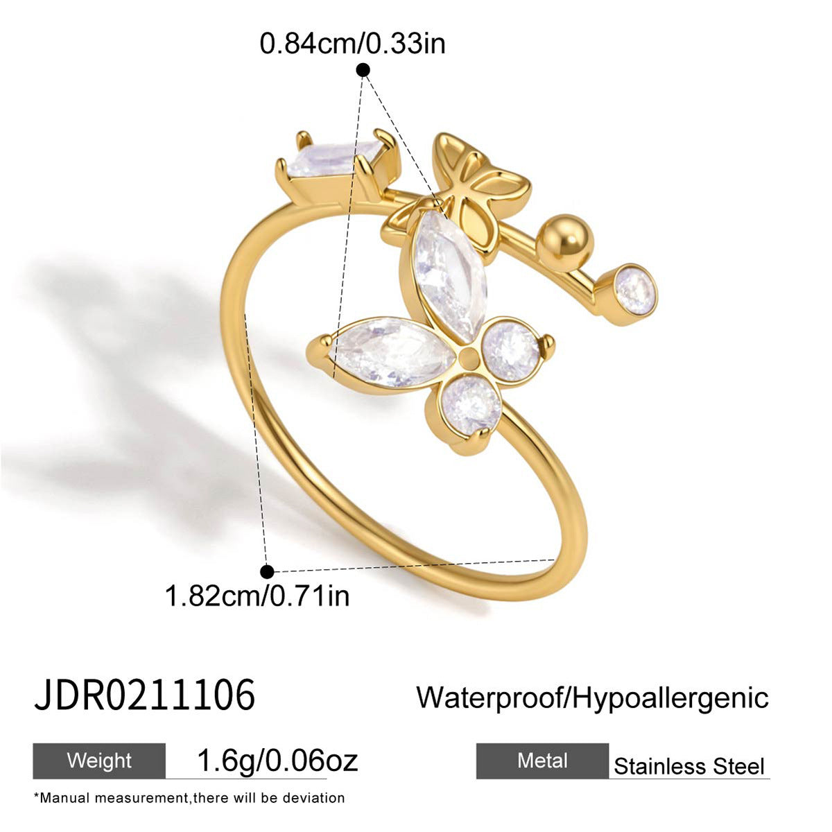 B廠 歐美款 ELIZABETH 鋯石蝴蝶鈦鋼鍍18K金開口戒指 26.06.W1「JDR0211104,JDR0211105,JDR0211106」