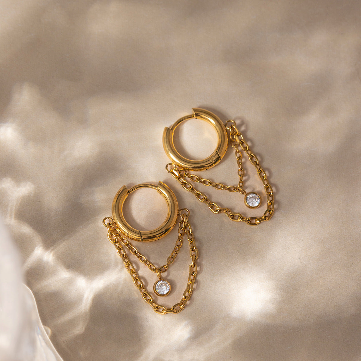 B廠 鈦鋼鍍18K金｜ 圓形鋯石鏈耳環 批發 折扣@洽客服 26.01.W2「JDE0311107」