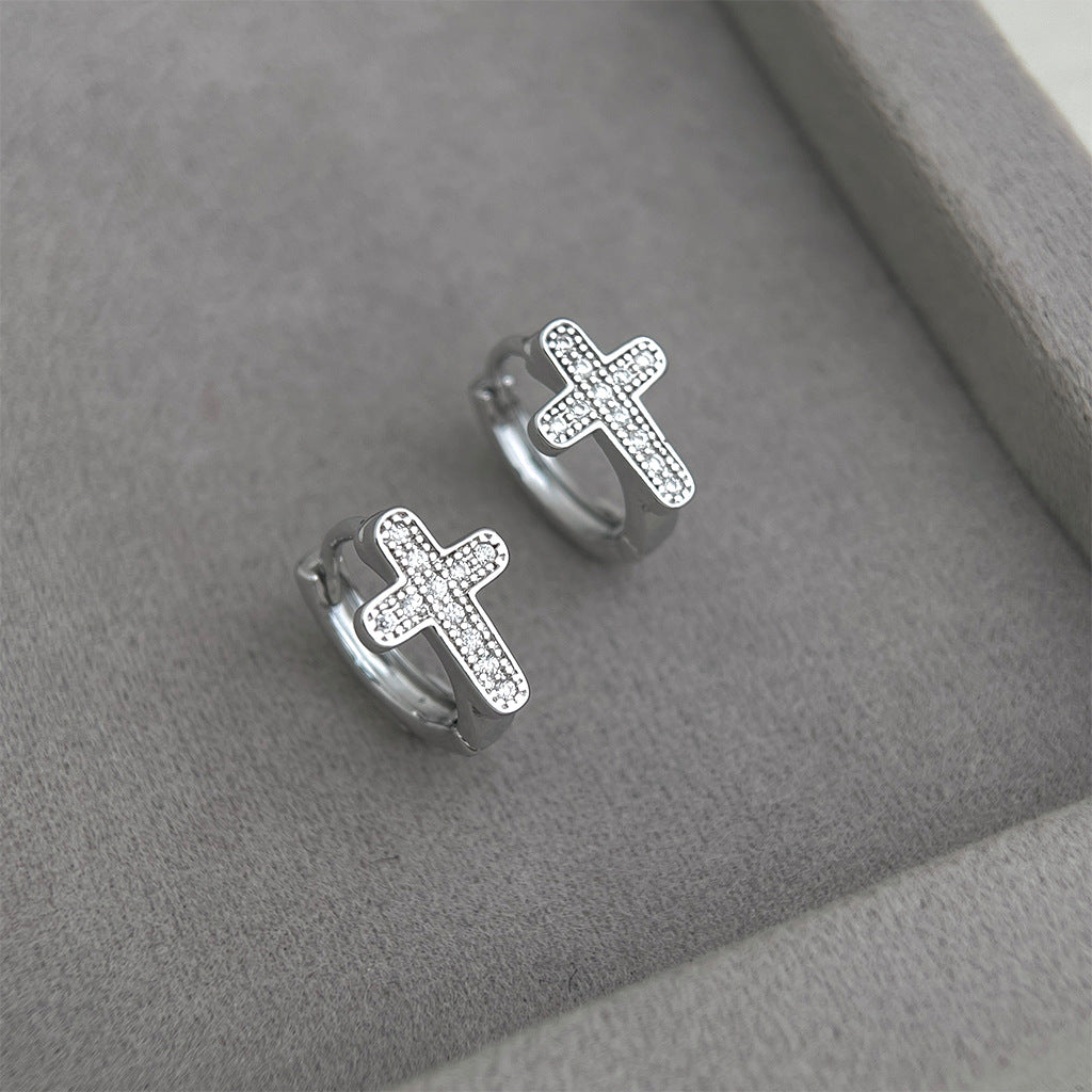 A廠 日韓款微鑲鋯石十字架銀針耳環批發 折扣@洽客服 26.05.W2「7401」