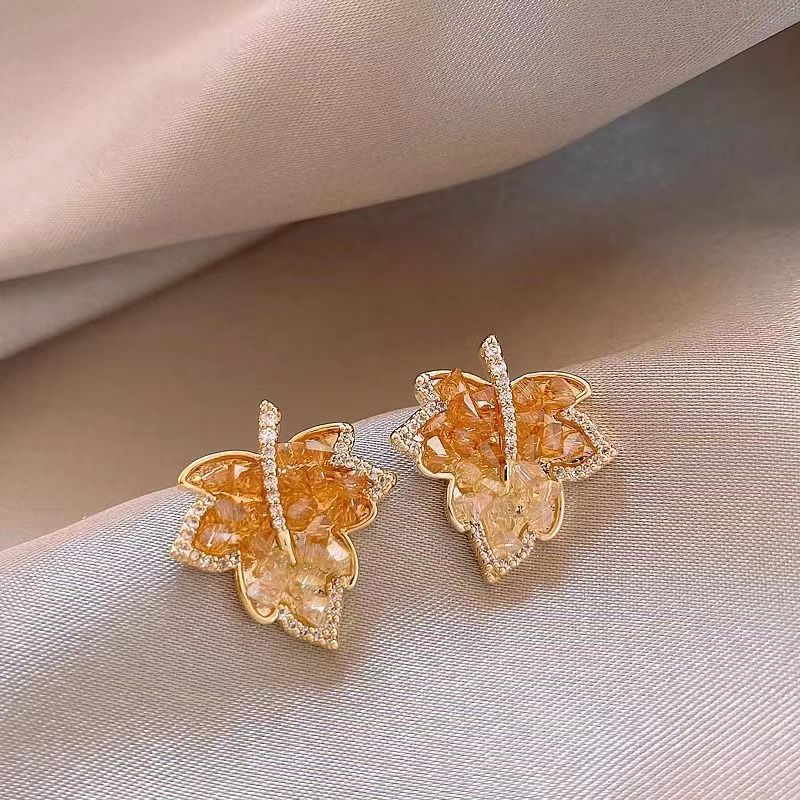 A2廠 韓國韓版鋯石楓葉 電鍍14k真金銀針耳環 批發 折扣@洽客服 25.11.W2「WE5036」