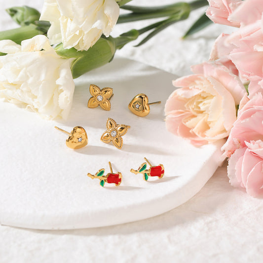 B廠 歐美款 ROSY 玫瑰花鈦鋼鍍18K金耳環-3對1組 批發 折扣@洽客服 25.12.W1「JDE0208024」