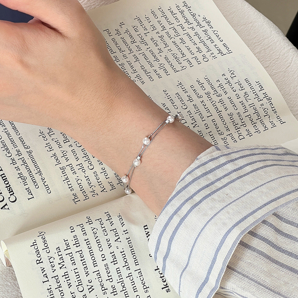 C廠 韓國韓版雙層疊戴珍珠S925純銀手鍊 批發 折扣@洽客服 26.01.W1「YL0125」