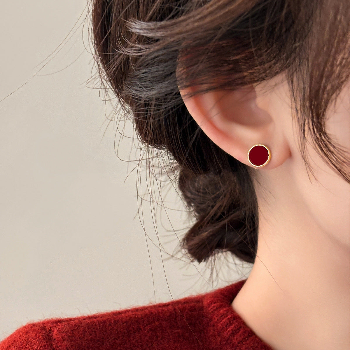 A2廠 韓國韓版酒紅幾何圓銀針耳環 批發 折扣@洽客服 25.11.W3「HE28573」
