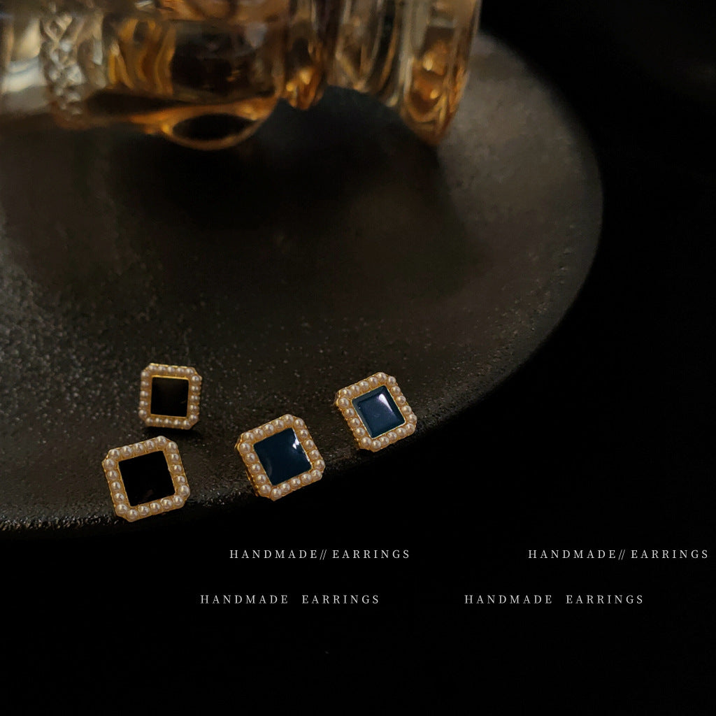 A廠 日韓款 復古珍珠滴油方形銀針耳環 批發 折扣@洽客服 25.10.W5「B-192-B-193」