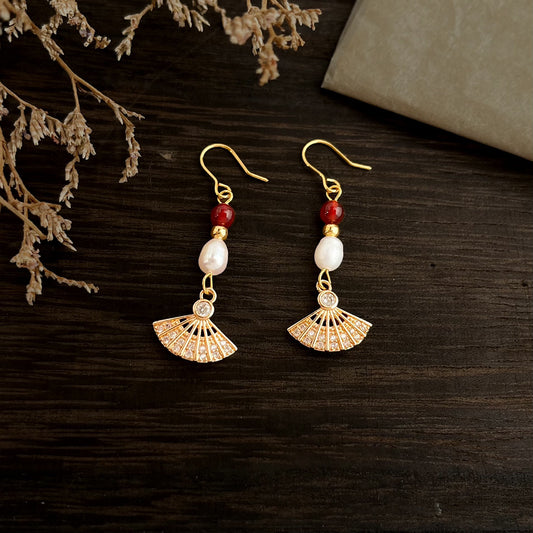 A廠 日韓款手作淡水珍珠紅瑪瑙扇形耳環 批發 折扣@洽客服 26.01.W1「7025」