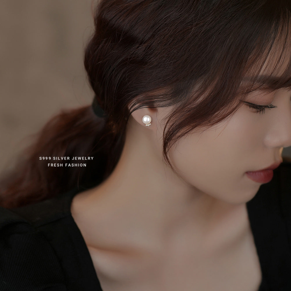 C廠 韓國韓版鑲鑽鑲鋯石淡水珍珠S999足銀耳環批發 折扣@洽客服 26.03.W3「E2961」