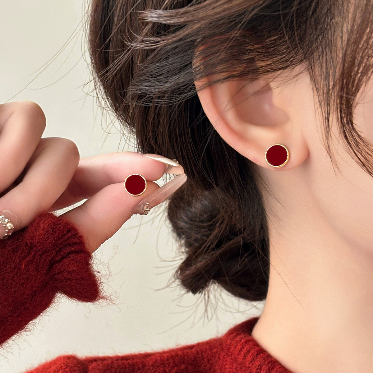 A2廠 韓國韓版酒紅幾何圓銀針耳環 批發 折扣@洽客服 25.11.W3「HE28573」