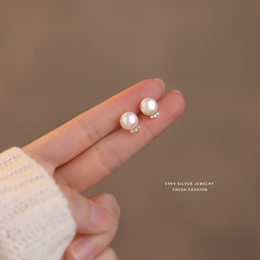 C廠 韓國韓版鑲鑽鑲鋯石淡水珍珠S999足銀耳環批發 折扣@洽客服 26.03.W3「E2961」