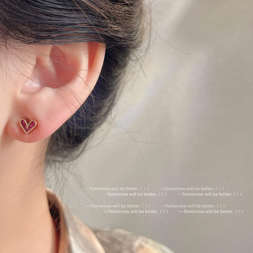 A廠 環保銅 ｜ 韓系系迷你玫紅心形微鑲鋯石銀針耳環 批發 折扣@洽客服 26.01.W3「A204」