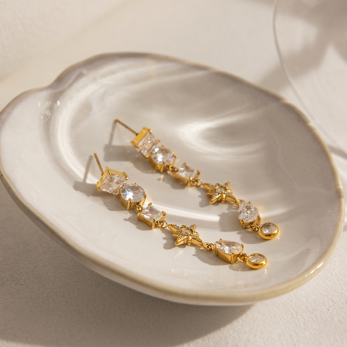 B廠 歐美款 鋯石八芒星流蘇鈦鋼鍍18K金耳環 批發 折扣@洽客服  26.02.W3「JDE0311128」