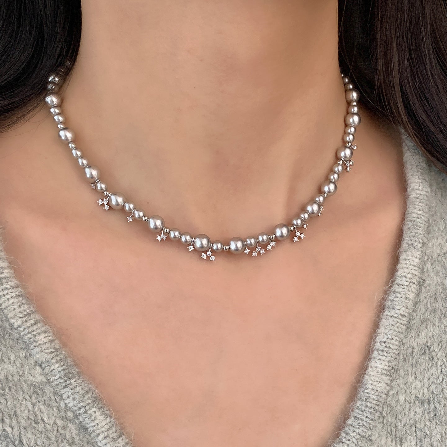 A2廠 韓國韓版高級灰珍珠鋯石項鍊 批發 折扣@洽客服 25.12.W1「WN2002」