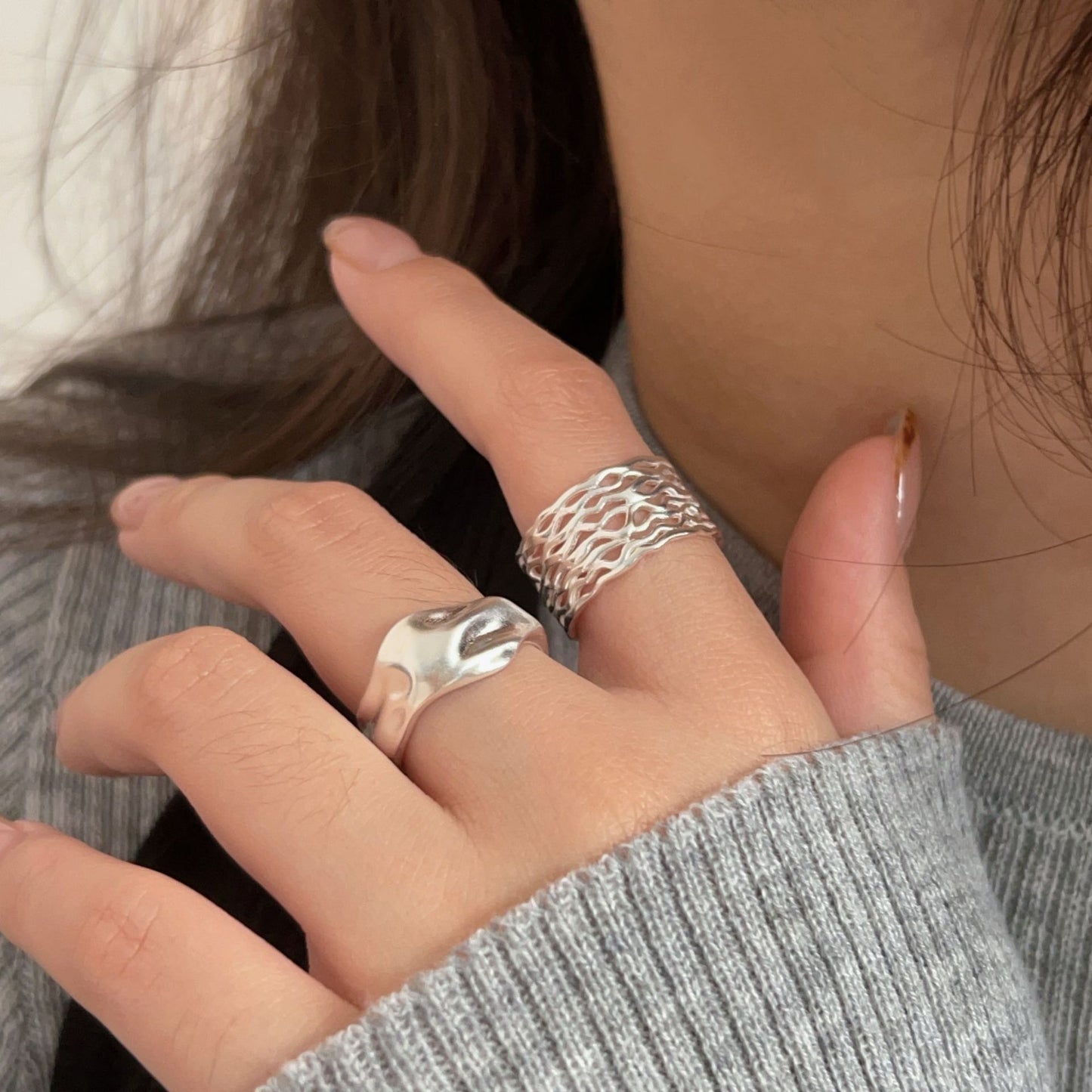 C3廠 韓國韓版不規則紋理重工S925純銀戒指 批發 折扣@洽客服 25.10.W5「hjz420 hjz418」