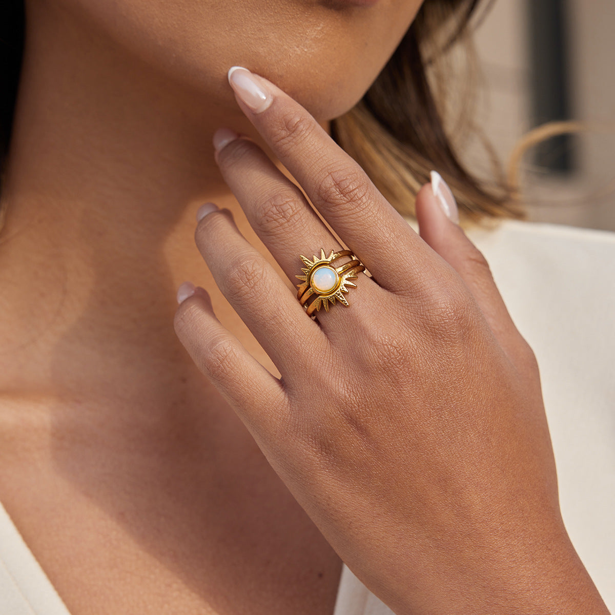 B廠 歐美款蛋白石太陽光芒三層鈦鋼鍍18K金戒指批發 折扣@洽客服 26.03.W2「JDR0311124-3pcs」