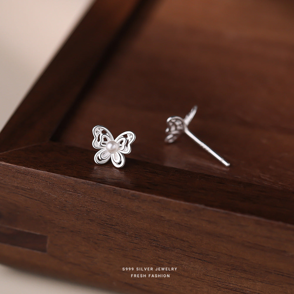 C廠 韓國韓版鏤空仿珍珠蝴蝶S999純銀耳環 批發 折扣@洽客服 26.01.W1「E6045」