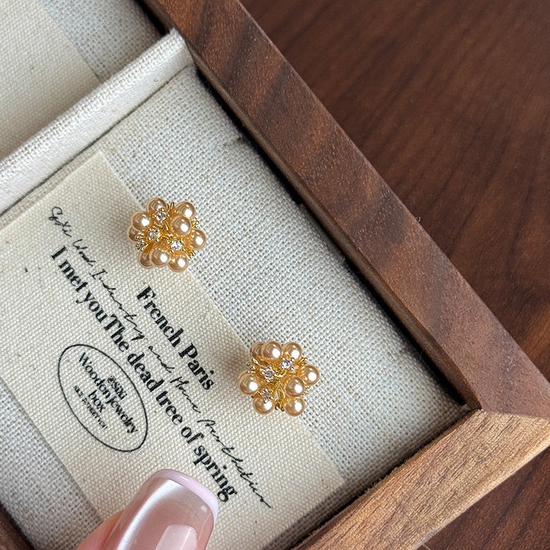 A2廠 韓國韓版鑲鑽花團珍珠銀針耳環 批發 折扣@洽客服 25.12.W3「HE29550」