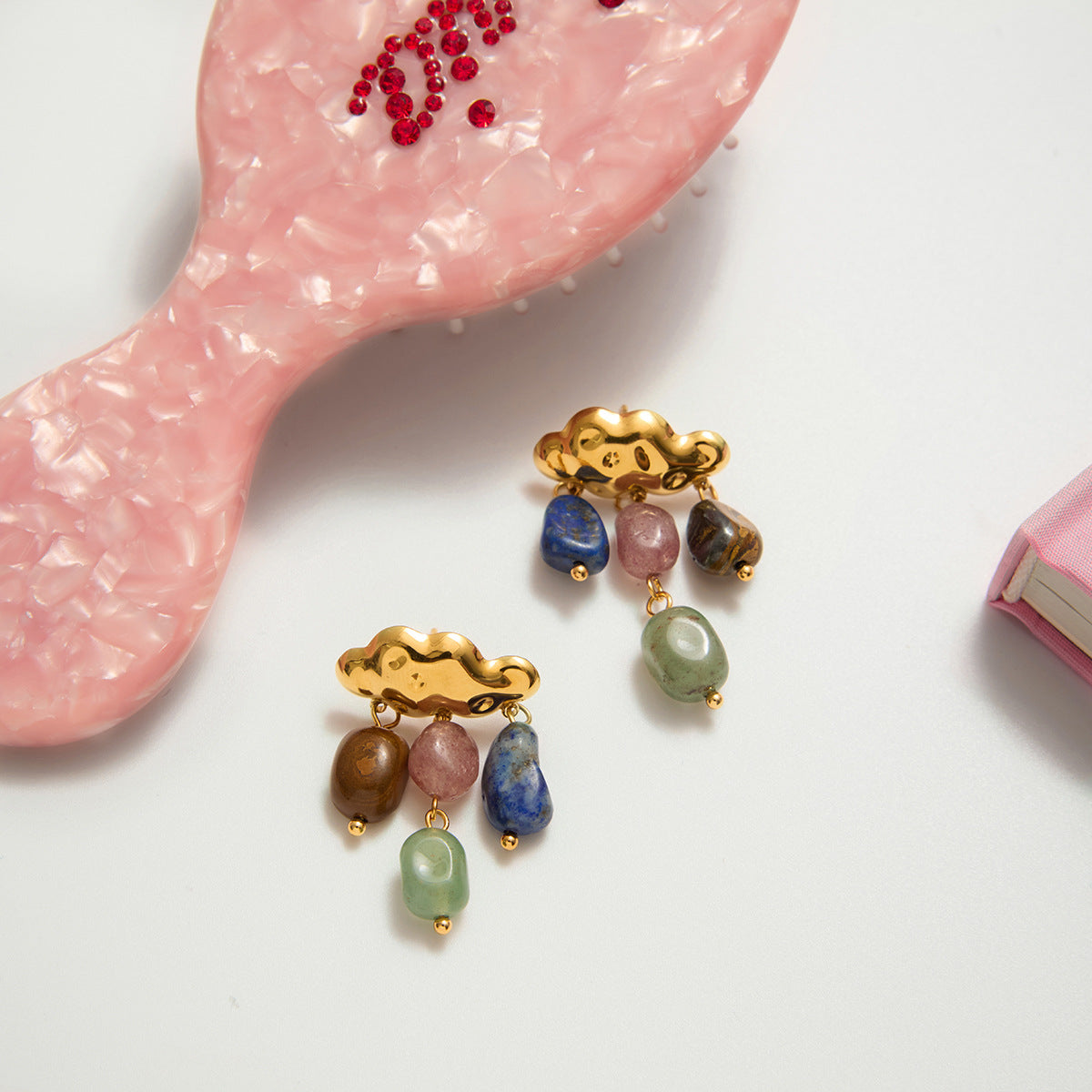 B廠 歐美款 復古彩色天然石 鈦鋼鍍18K金耳環 批發 折扣@洽客服 25.10.W5「JDE0207051」