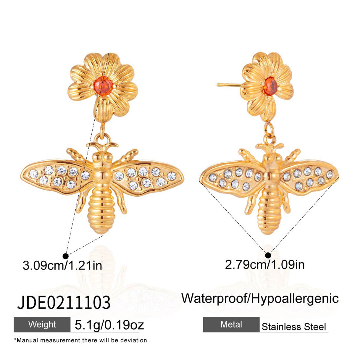 B廠 鈦鋼鍍18K金｜歐美小雛菊蜜蜂耳環 批發 折扣@洽客服 26.01.W4「JDE0211103」