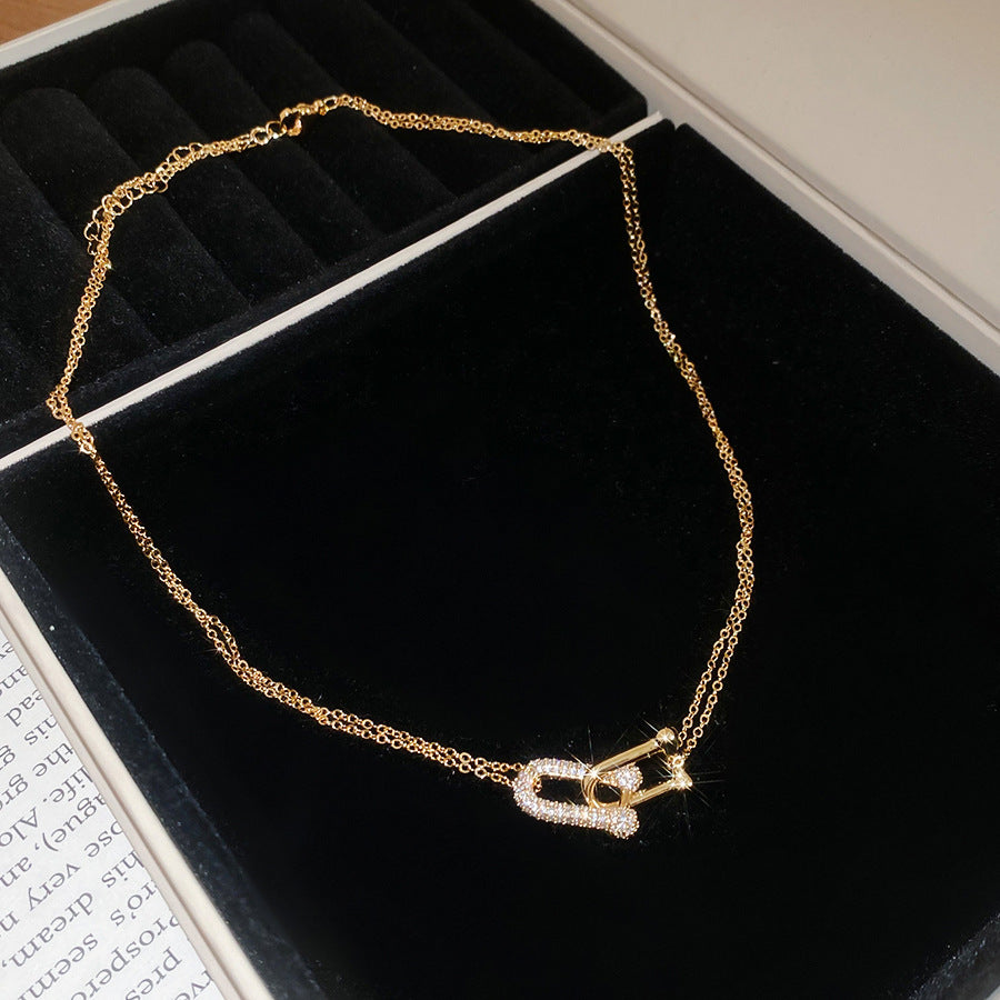 A2廠 韓國韓版簡約雙層鋯石馬蹄交叉項鍊批發 折扣@洽客服 26.03.W3「HN11327」