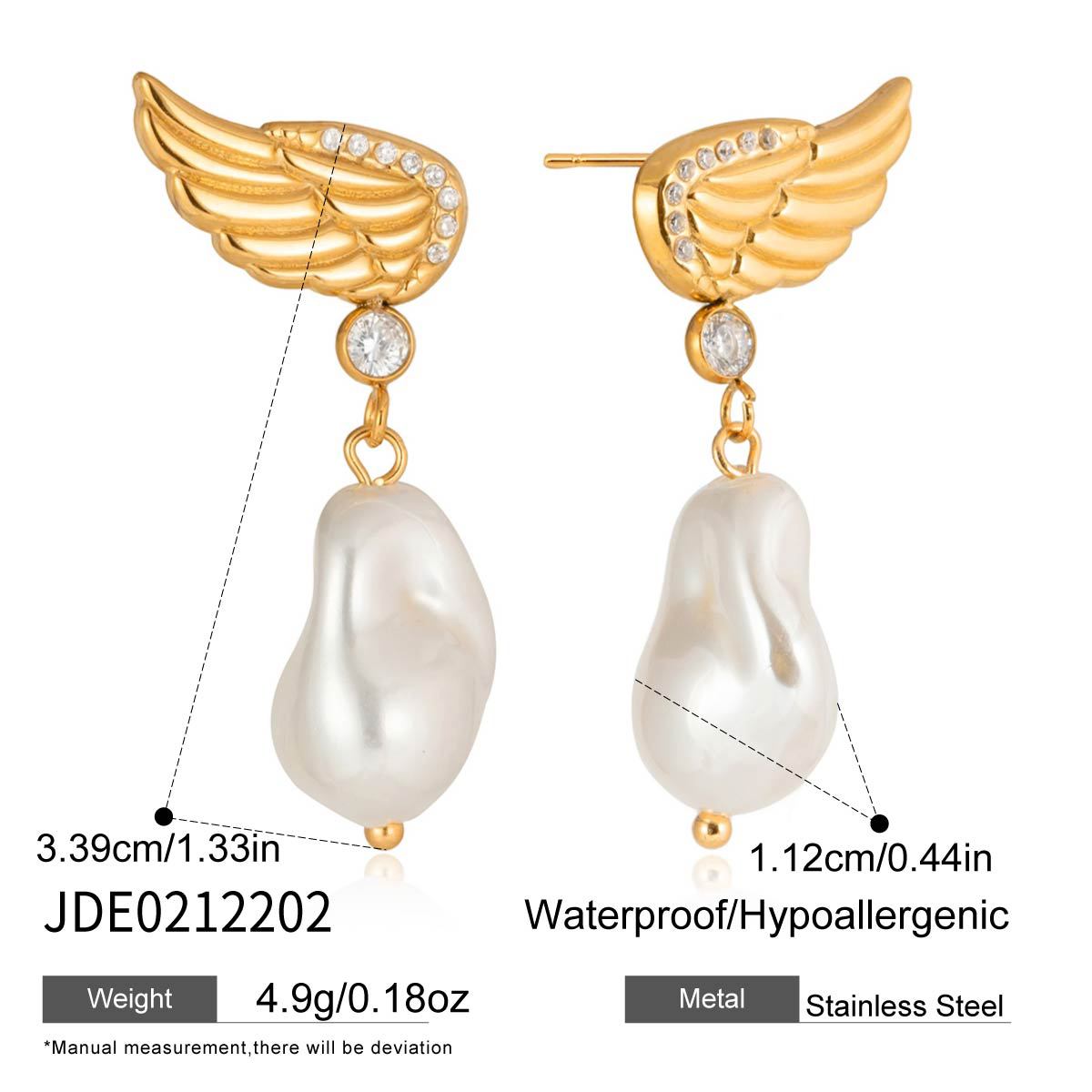 B廠 歐美款 仿珍珠巴洛克天使翅膀鈦鋼鍍18K金耳環 批發 折扣@洽客服 26.03.W1「JDE0212202」