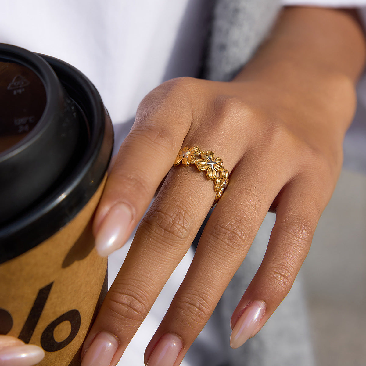 B廠 鈦鋼鍍18K金｜ 四葉草拼色開口戒指 批發 折扣@洽客服 26.01.W2「JDR0410008-PS」