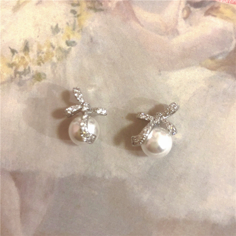 A2廠 韓國韓版鋯石珍珠蝴蝶結銀針耳環 批發 折扣@洽客服 25.11.W1「HE28946」