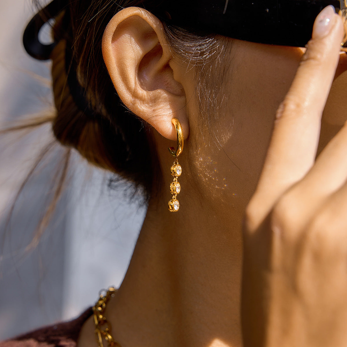 B廠 歐美款 白色鋯石流蘇鈦鋼鍍18K金耳環 批發 折扣@洽客服 26.03.W1「JDE0311184」