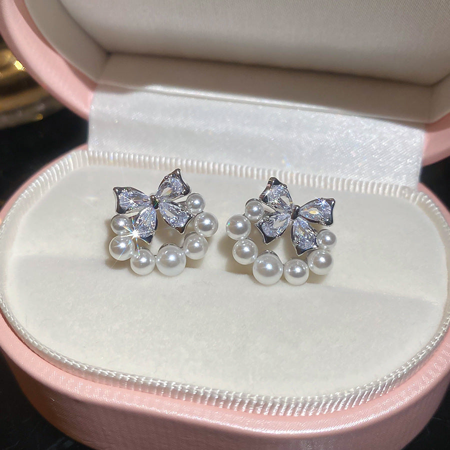 A2廠 韓國韓版鋯石蝴蝶結珍珠銀針耳環 批發 折扣@洽客服 26.03.W1「HE30793」