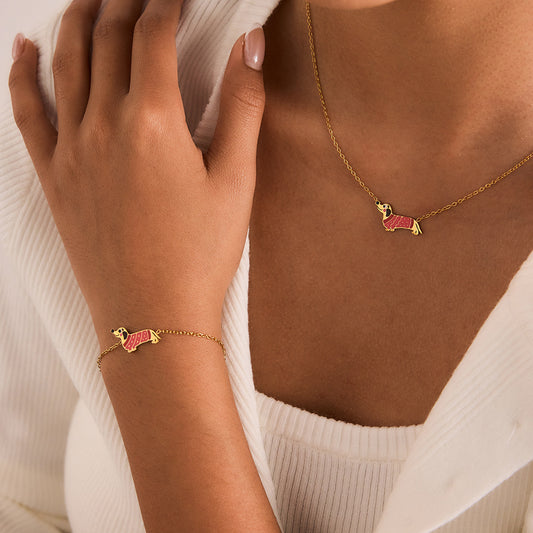 B廠 鈦鋼鍍18K金｜ 彩色滴油臘腸狗手鍊&項鍊 批發 折扣@洽客服 26.01.W2「JDB0210007 JDN0210009」