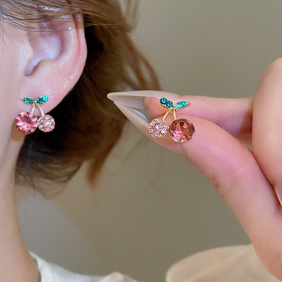 A2廠 韓國韓版鑲鑽櫻桃吊墜銀針耳環 批發 折扣@洽客服 25.10.W5「HE28832」