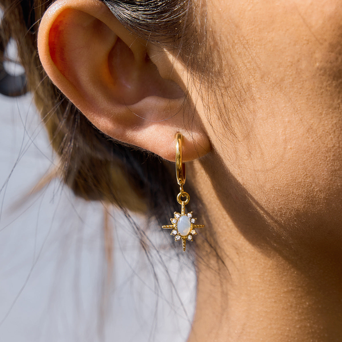 B廠 鈦鋼鍍18K金｜歐美芒星蛋白石水鑽耳環 批發 折扣@洽客服 26.01.W4「JDE0111239」