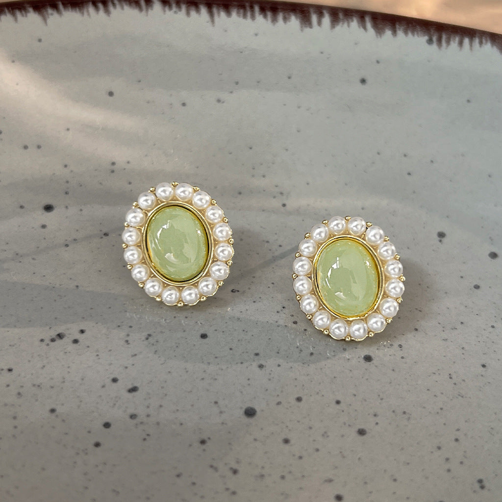 A廠 日韓款 復古綠橢圓形珍珠銀針耳環 批發 折扣@洽客服 25.11.W2「A106」