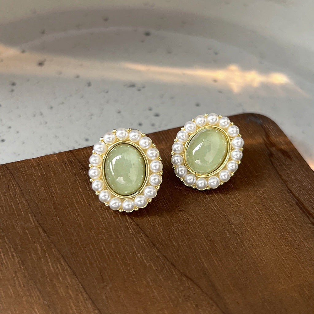 A廠 日韓款 復古綠橢圓形珍珠銀針耳環 批發 折扣@洽客服 25.11.W2「A106」