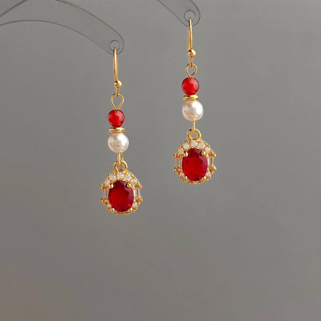 A廠 日韓款復古酒紅鋯石珍珠耳環 批發 折扣@洽客服 26.01.W1「7028」