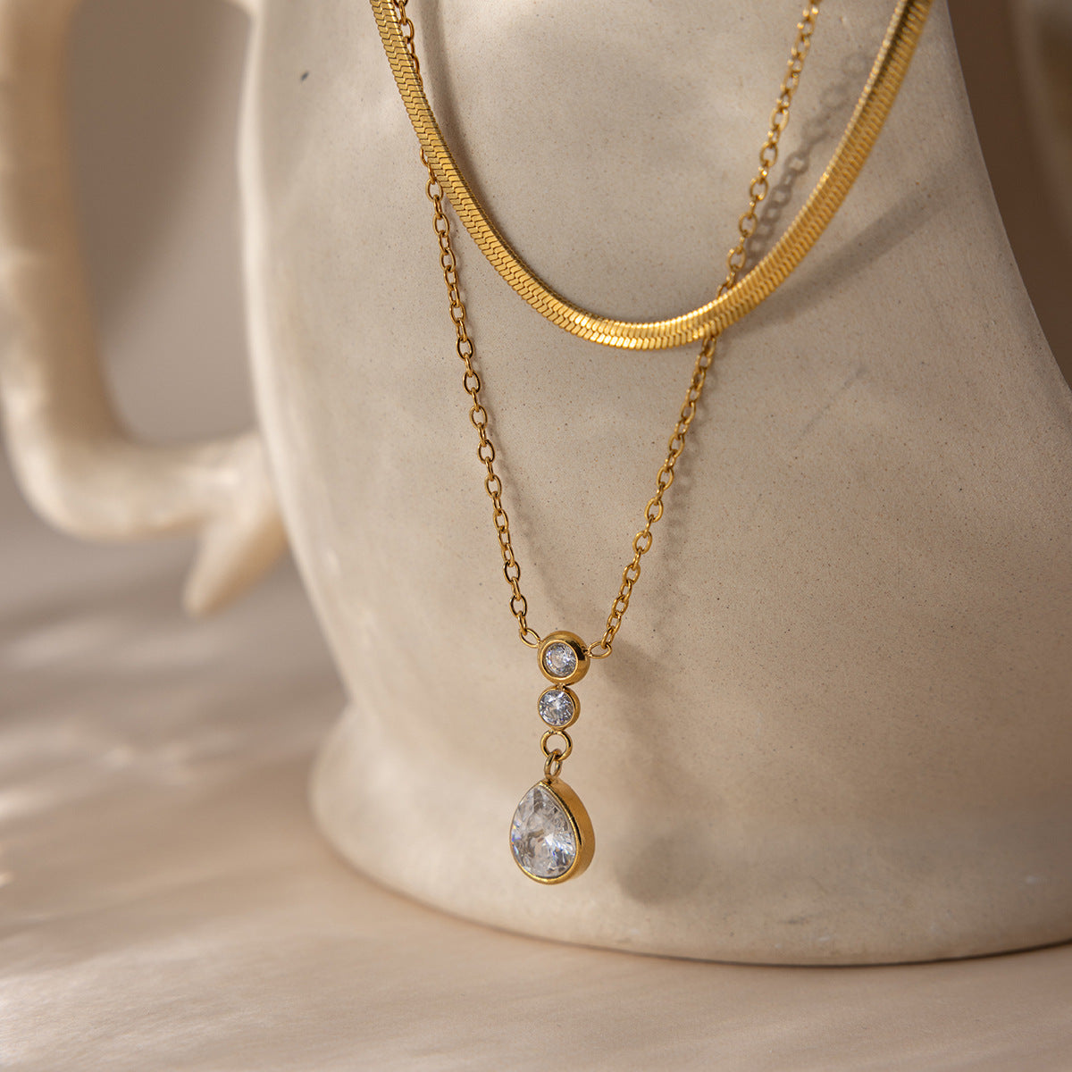 B廠 歐美款 水滴鋯石吊墜O字鏈雙層鈦鋼鍍18K金項鍊 批發 折扣@洽客服 26.03.W1「JDN0311126」